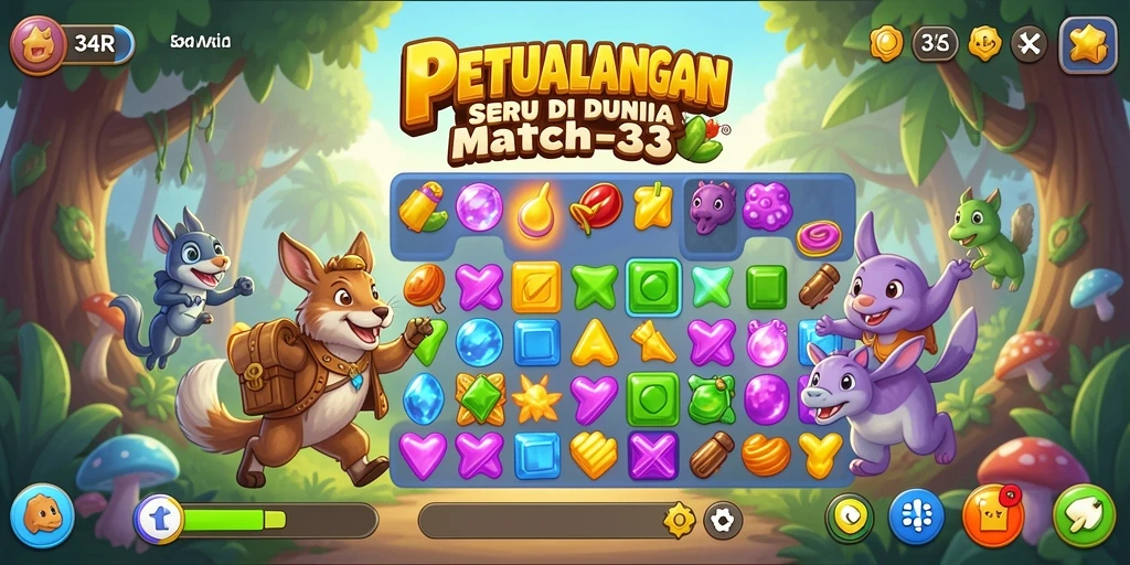 Screenshot gameplay 34R yang menunjukkan pencocokan permata yang seru.