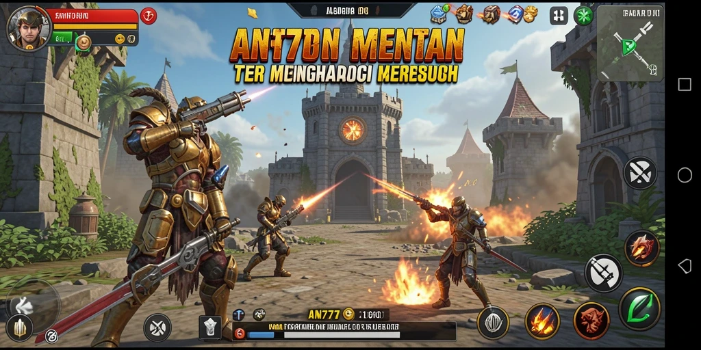 Screenshot gameplay AN777 yang menunjukkan aksi menara mempertahankan kerajaan.