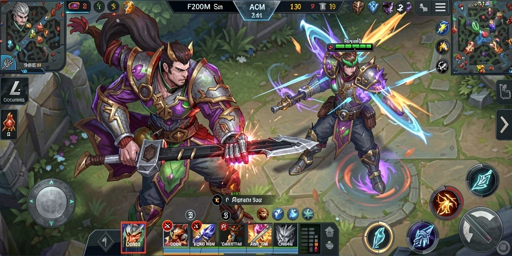 Screenshot gameplay F200M menampilkan aksi pertarungan MOBA yang intens.