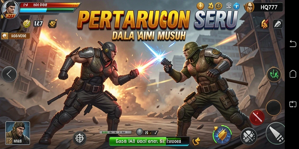 Screenshot menunjukkan gameplay pertempuran yang intens di HQ777.