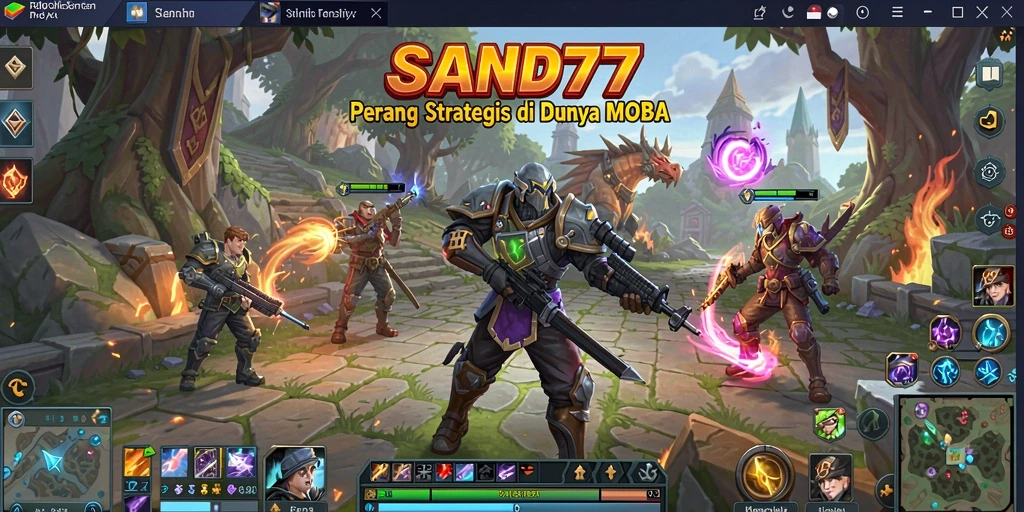 Screenshot gameplay SAND77 menampilkan pertempuran seru di arena MOBA.