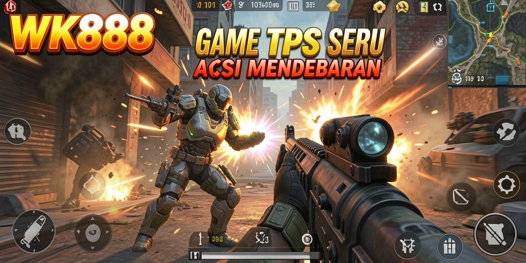 Tampilan gameplay mendebarkan dalam WK888 dengan aksi tembak-menembak intens.